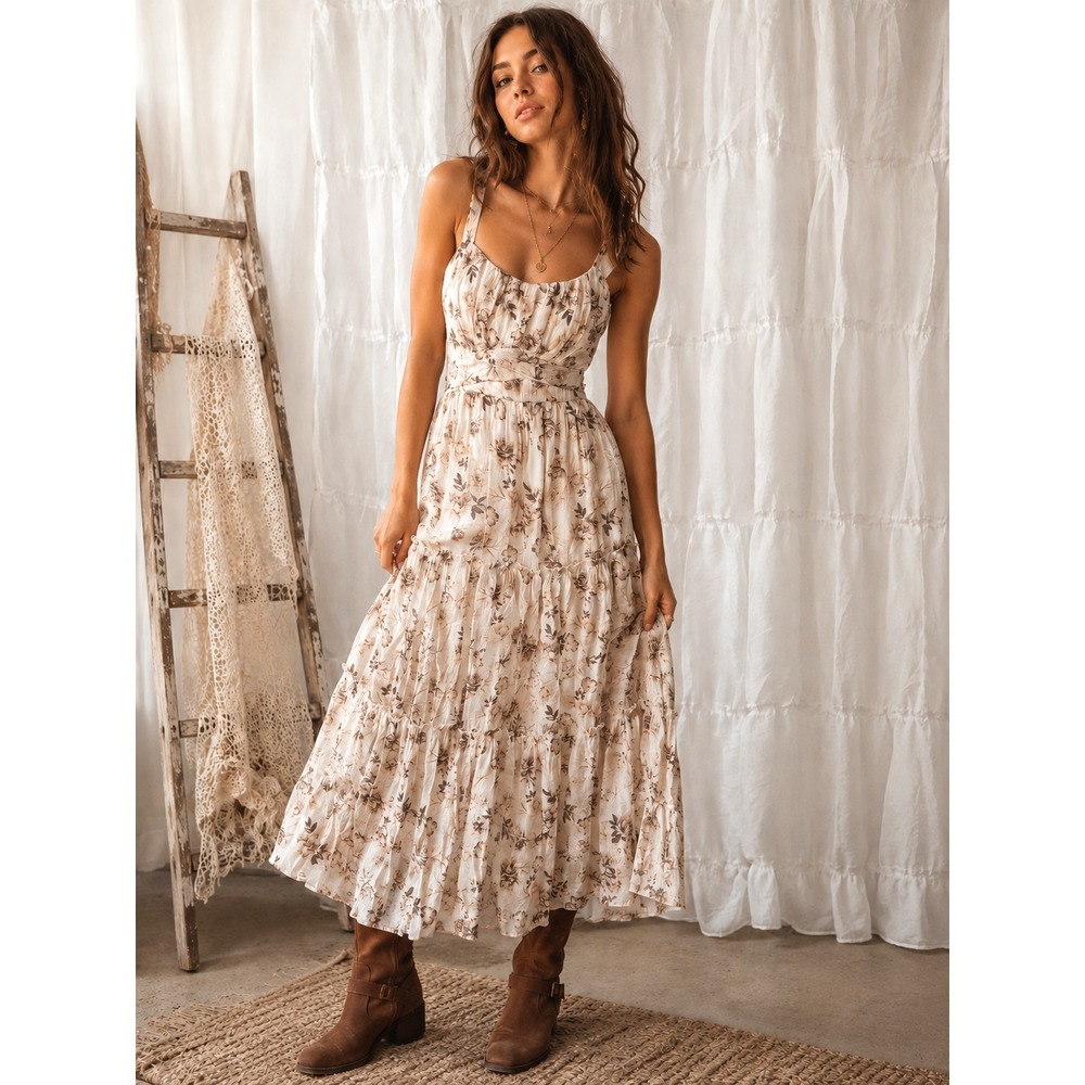 Vtg Y2K Milkmaid Floral Tiered Boho Cottagecore Romantic Prairie Midi Dress XS